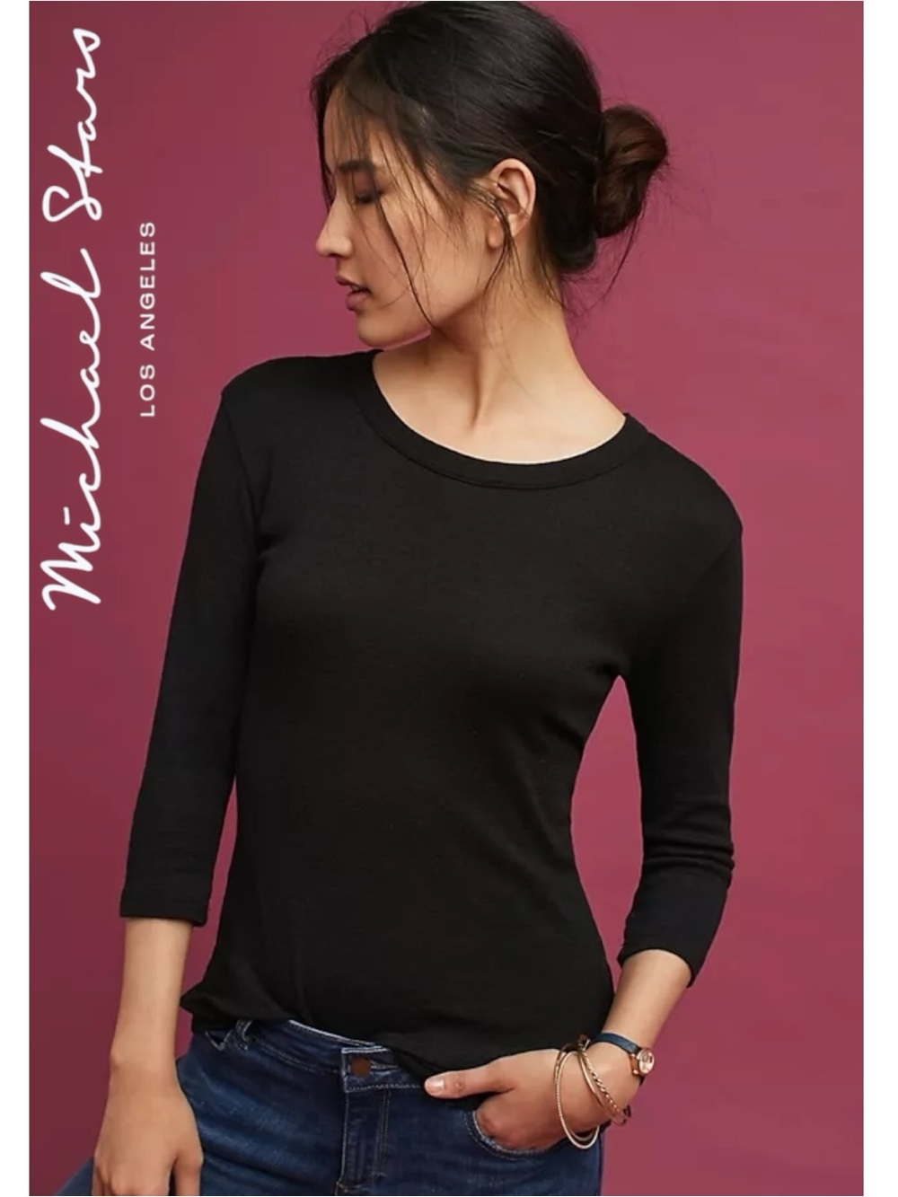 Michael Stars for Anthropologie 3/4 Sleeve Ballerina Top in Black Size S/XS
